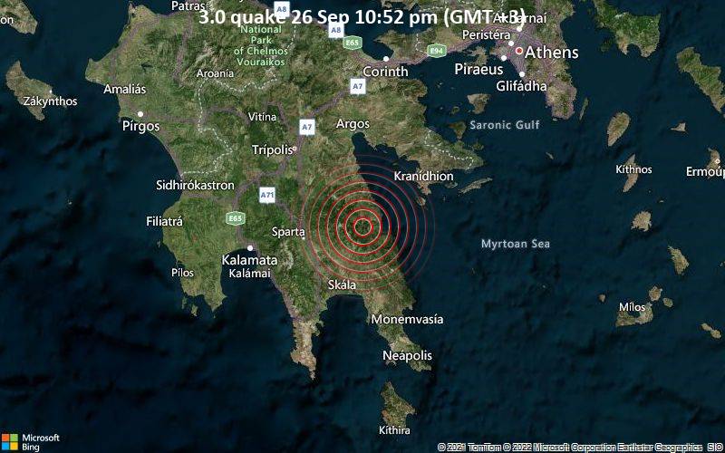 Schwaches Erdbeben Stärke 3.0 - 32 km östlich von Lakedaimon, Lakonien, Peloponnes, Griechenland, am Montag, 26. Sep 2022 um 22:52 Lokalzeit