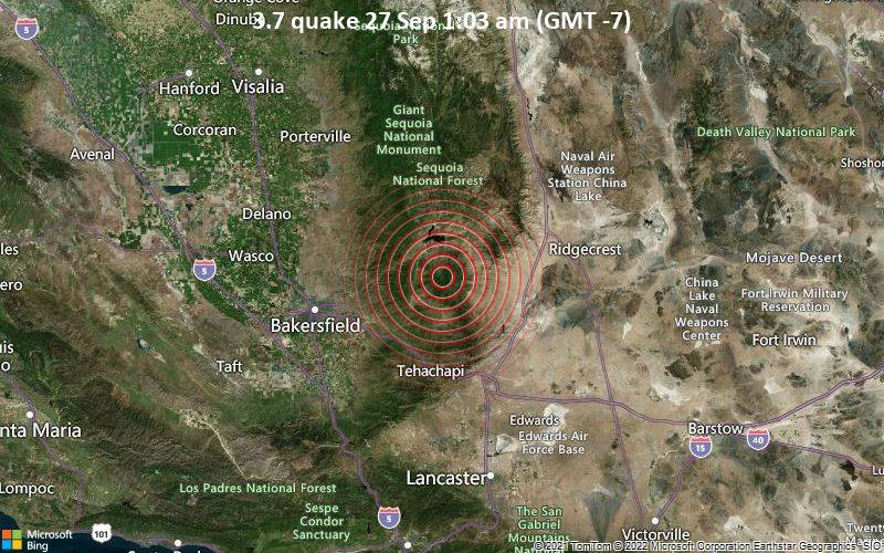 Moderates Erdbeben der Stärke 3.7 - 59 km östlich von Bakersfield, Kern County, Kalifornien, USA, am Dienstag, 27. Sep 2022 um 01:03 Lokalzeit