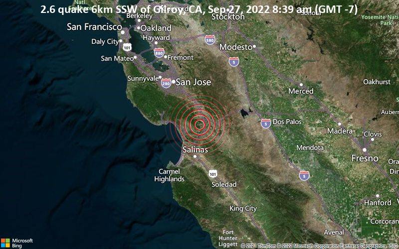 Schwaches Erdbeben Stärke 2.6 - 6km SSW of Gilroy, CA, am Dienstag, 27. Sep 2022 um 08:39 Lokalzeit