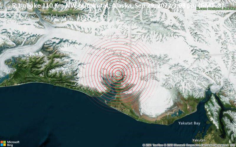 5.1 quake 110 Km NW of Yakutat, Alaska, Sep 29, 2022 3:08 pm (GMT -8)
