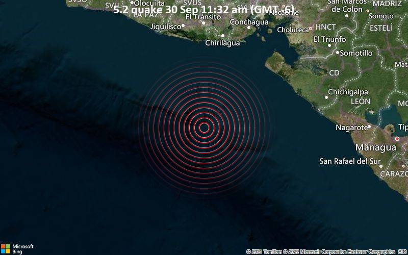 Starkes Beben der Stärke 5.2 - Nordpazifik, 184 km südöstlich von San Salvador, El Salvador, am Freitag, 30. Sep 2022 um 11:32 Lokalzeit