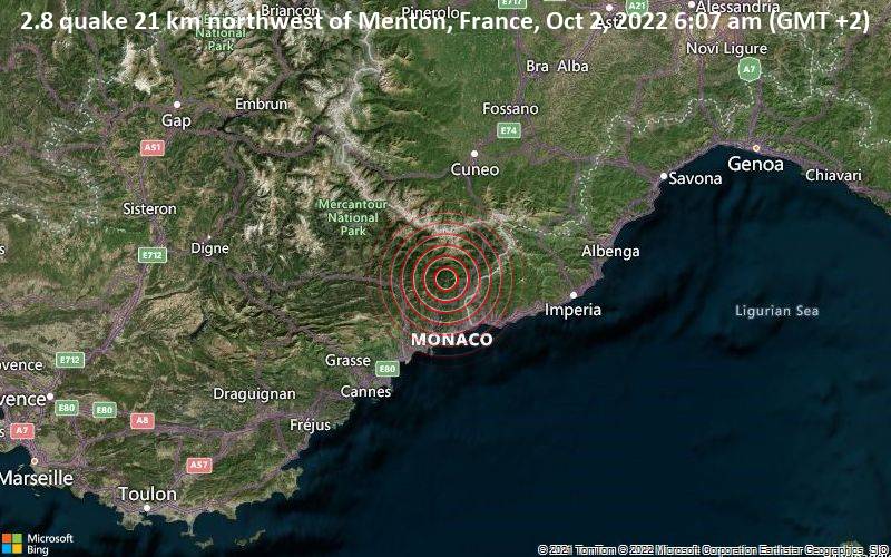 Schwaches Erdbeben Stärke 2.8 - 21 km nordwestlich von Menton, Frankreich, am Sonntag,  2. Okt 2022 um 06:07 Lokalzeit