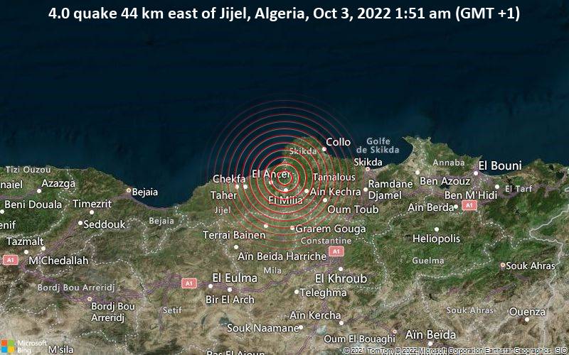 4.0 quake 44 km east of Jijel, Algeria, Oct 3, 2022 1:51 am (GMT +1)