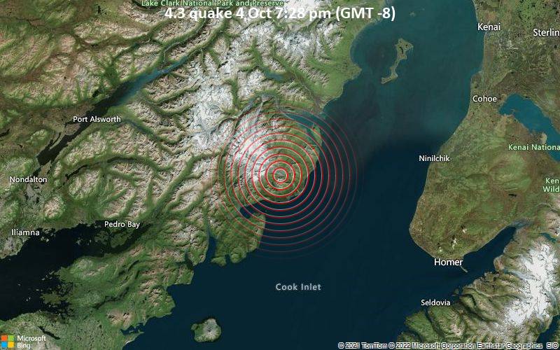 Magnitude 4.3 earthquake - 63 km west of Anchor Point, Kenai Peninsula, Alaska, USA, on Tuesday, 04 Oct 2022 at 19:28 local time