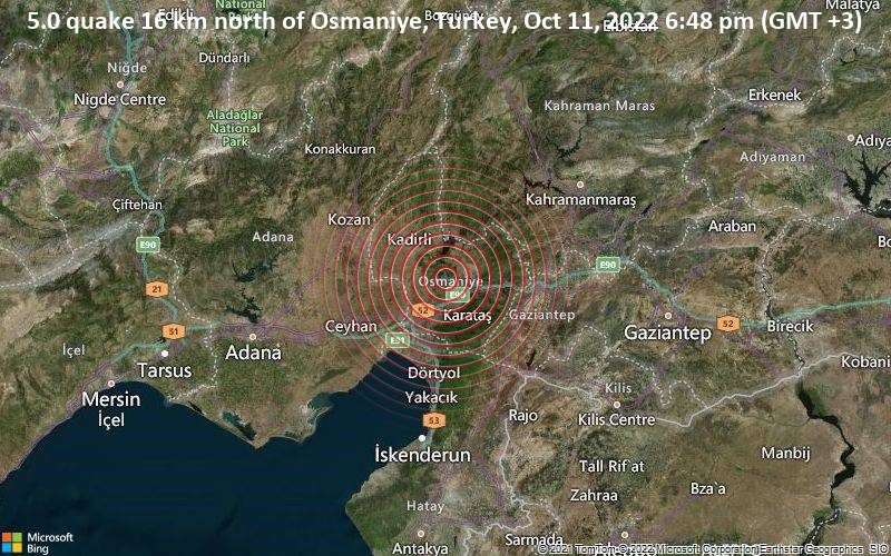 5.0 quake 16 km north of Osmaniye, Turkey, Oct 11, 2022 6:48 pm (GMT +3)