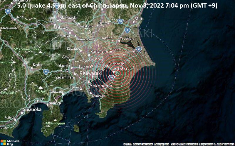 5.0 quake 4.9 km east of Chiba, Japan, Nov 3, 2022 7:04 pm (GMT +9)