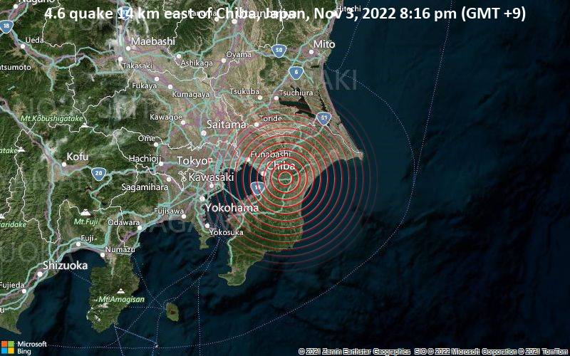 4.6 quake 14 km east of Chiba, Japan, Nov 3, 2022 8:16 pm (GMT +9)