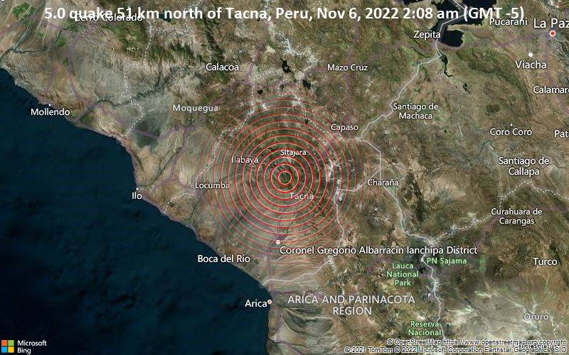 5.0 quake 51 km north of Tacna, Peru, Nov 6, 2022 2:08 am (GMT -5)