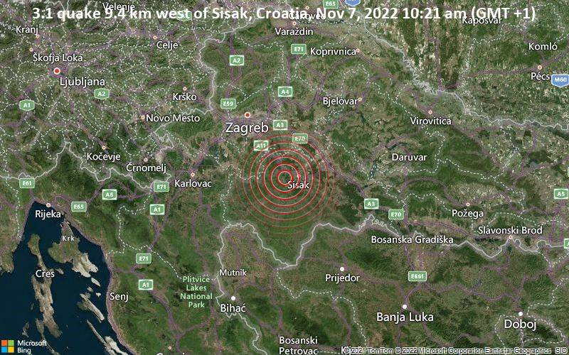 3.1 quake 9.4 km west of Sisak, Croatia, Nov 7, 2022 10:21 am (GMT +1)