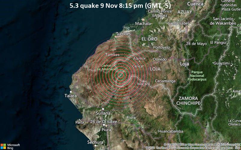 Moderates Erdbeben der Stärke 5.3 - Piura, Peru, 90 km südlich von Huaquillas, Provincia de El Oro, Ecuador, am Mittwoch,  9. Nov 2022 um 20:15 Lokalzeit