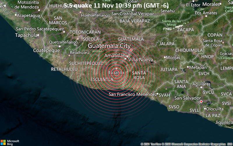 Moderates Erdbeben der Stärke 5.5 - 9 km südlich von Escuintla, Departamento de Escuintla, Guatemala, am Freitag, 11. Nov 2022 um 22:39 Lokalzeit