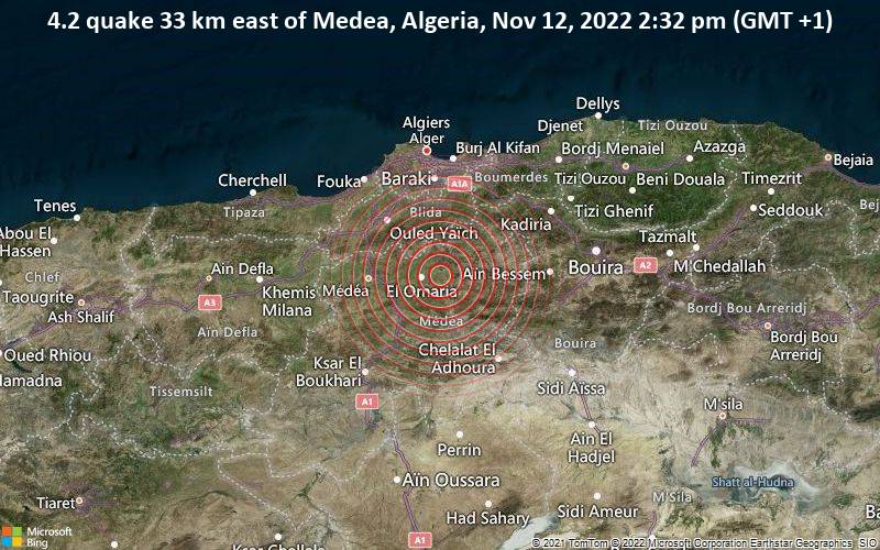 4.2 quake 33 km east of Medea, Algeria, Nov 12, 2022 2:32 pm (GMT +1)