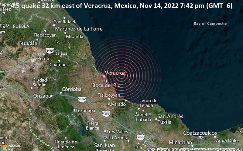 4.5 quake 32 km east of Veracruz, Mexico, Nov 14, 2022 7:42 pm (GMT -6)