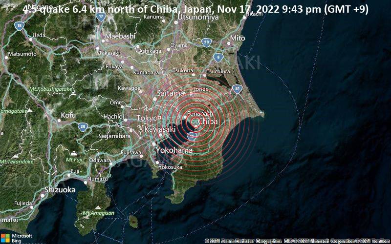 4.5 quake 6.4 km north of Chiba, Japan, Nov 17, 2022 9:43 pm (GMT +9)