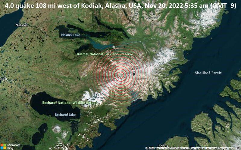 4.0 quake 108 mi west of Kodiak, Alaska, USA, Nov 20, 2022 5:35 am (GMT -9)