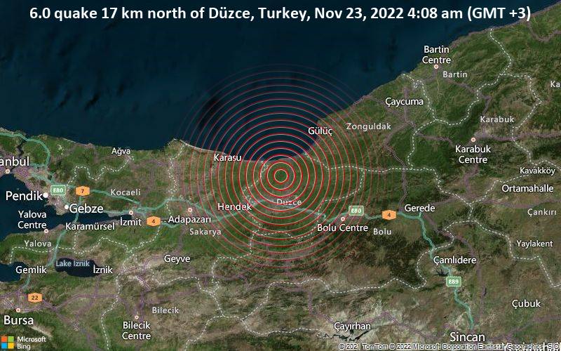 Sehr starkes Beben der Stärke 6.0 - 17 km nördlich von Düzce, Türkei, am Mittwoch, 23. Nov 2022 um 04:08 Lokalzeit