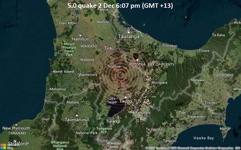 Moderates Erdbeben der Stärke 5.0 - Waikato, 33 km südwestlich von Rotorua, Bay of Plenty, Neuseeland, am Freitag,  2. Dez 2022 um 18:07 Lokalzeit