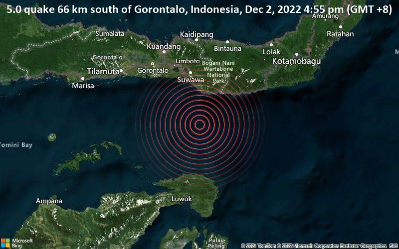 5.0 quake 66 km south of Gorontalo, Indonesia, Dec 2, 2022 4:55 pm (GMT +8)