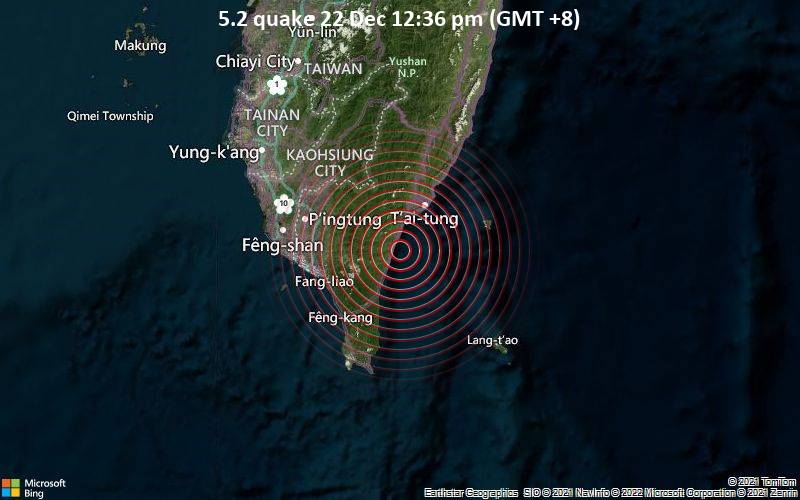 Gempa berkekuatan 5,2 baru saja dilaporkan terjadi 29 km barat daya Kota Taitung, Taiwan