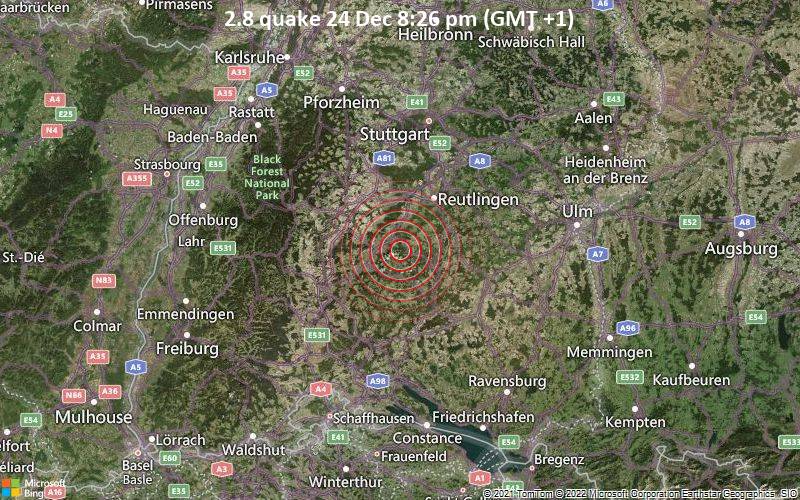 Erdbeben der Stärke 2,8 - 10,4 km nördlich von Albstadt, Tübingen, Baden-Württemberg, Deutschland, Samstag, 24. Dezember 2022 um  20:26 Ortszeit
