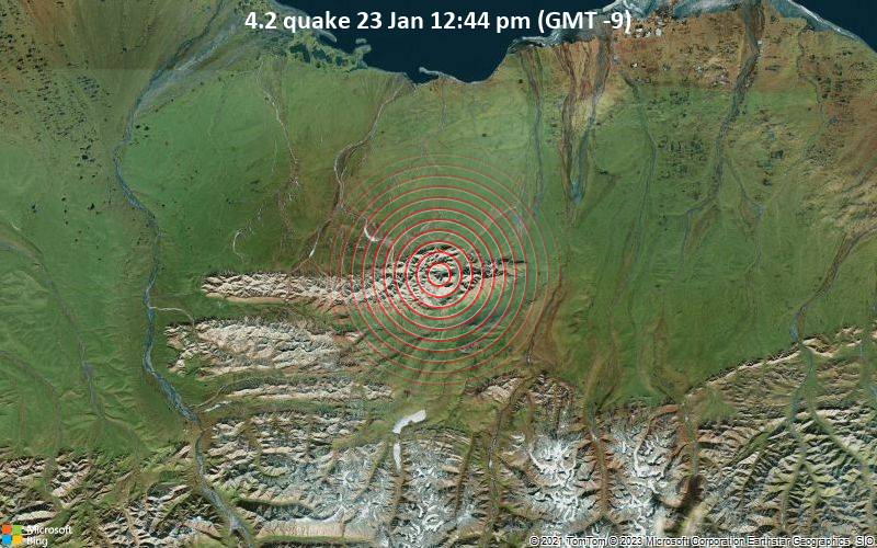 Moderates Erdbeben der Stärke 4.2 - 150 km südöstlich von Prudhoe Bay, North Slope, Alaska, USA, am Montag, 23. Jan 2023 um 12:44 Lokalzeit
