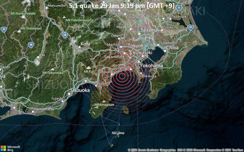 Moderates Erdbeben der Stärke 5.1 - Nordpazifik, 9.8 km südlich von Hiratsuka, Präfektur Kanagawa, Japan, am Sonntag, 29. Jan 2023 um 21:19 Lokalzeit
