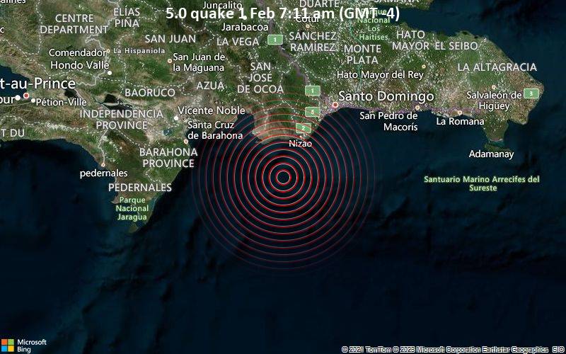 Moderates Erdbeben der Stärke 5.0 - Caribbean Sea, 36 km südlich von Bani, Dominikanische Republik, am Mittwoch,  1. Feb 2023 um 07:11 Lokalzeit