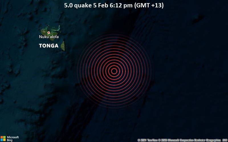 Starkes Beben der Stärke 5.0 - South Pacific Ocean, 150 km südöstlich von Nuku’alofa, Nuku'alofa, Tongatapu, am Sonntag,  5. Feb 2023 um 18:12 Lokalzeit