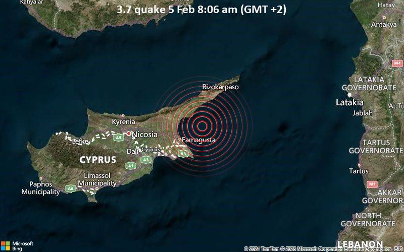 Leichtes Erdbeben der Stärke 3.7 - Östliches Mittelmeer, 25 km nordöstlich von Famagusta, Zypern, am Sonntag,  5. Feb 2023 um 08:06 Lokalzeit