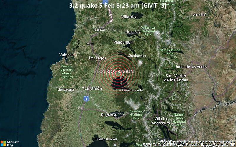 Leichtes Erdbeben der Stärke 3.2 - 75 km südöstlich von Valdivia, Los Rios Region, Chile, am Sonntag,  5. Feb 2023 um 08:23 Lokalzeit