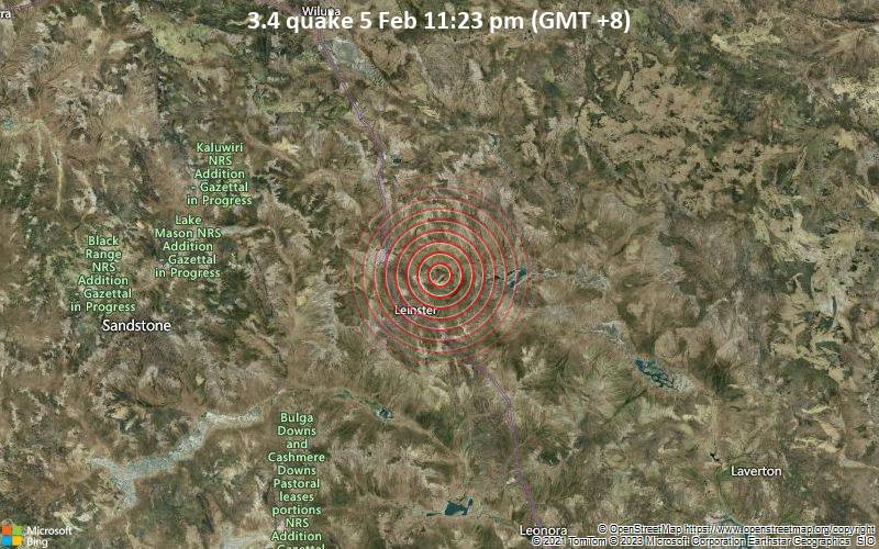Leichtes Erdbeben der Stärke 3.4 - 21 km nordöstlich von Leinster, Leonora, Westaustralien, am Sonntag,  5. Feb 2023 um 23:23 Lokalzeit