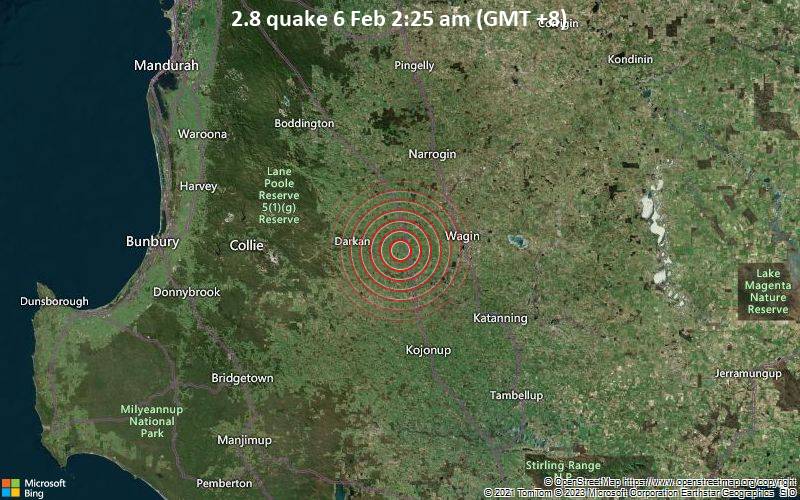 Leichtes Erdbeben der Stärke 2.8 - 33 km westlich von Wagin, Westaustralien, am Montag,  6. Feb 2023 um 02:25 Lokalzeit