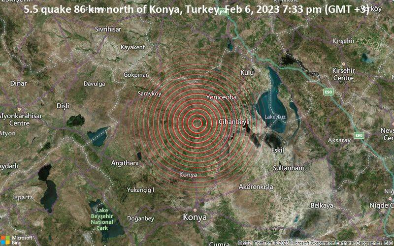 5.5 quake 86 km north of Konya, Turkey, Feb 6, 2023 7:33 pm (GMT +3)