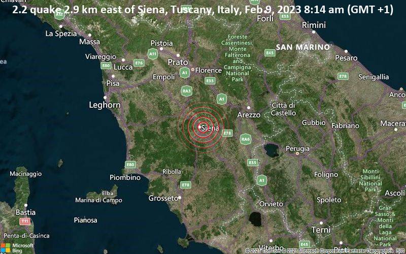 2.2 quake 2.9 km east of Siena, Tuscany, Italy, Feb 9, 2023 8:14 am (GMT +1)