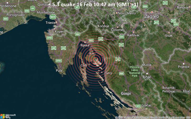Starkes Beben der Stärke 5.3 - 36 km südöstlich von Rijeka, Primorje-Gorski kotar, Kroatien, am Donnerstag, 16. Feb 2023 um 10:47 Lokalzeit