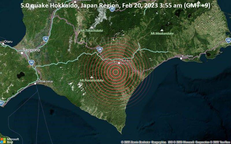 Moderates Erdbeben der Stärke 5.0 - Hokkaido, Japan Region, am Montag, 20. Feb 2023 um 03:55 Lokalzeit