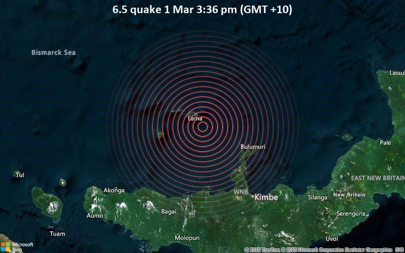 Starkes Beben der Stärke 6.5 - Bismarck Sea, 103 km nordwestlich von Kimbe, Papua-Neuguinea, am Mittwoch,  1. Mär 2023 um 15:36 Lokalzeit