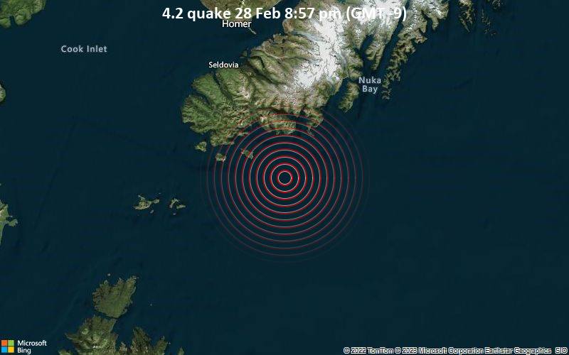 Leichtes Erdbeben der Stärke 4.2 - 71 km südlich von Homer, Kenai Peninsula, Alaska, USA, am Dienstag, 28. Feb 2023 um 20:57 Lokalzeit