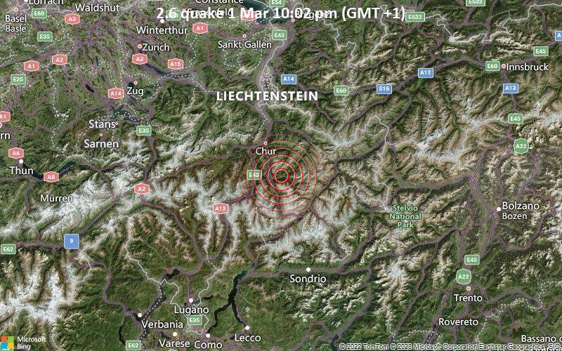 Schwaches Erdbeben Stärke 2.6 - 21 km südöstlich von Chur, Region Plessur, Kanton Graubünden, Schweiz, am Mittwoch,  1. Mär 2023 um 22:02 Lokalzeit