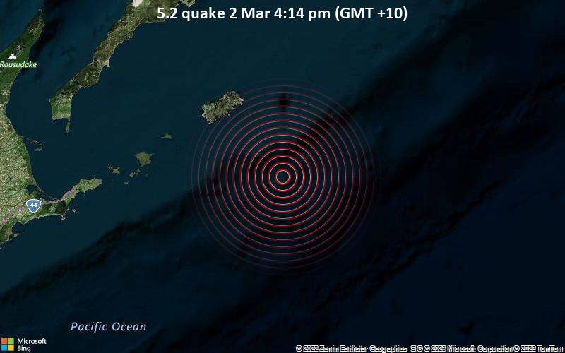 Moderates Erdbeben der Stärke 5.2 - Nordpazifik, 59 km südöstlich von Shikotan, Sachalin, Russland, am Donnerstag,  2. Mär 2023 um 16:14 Lokalzeit