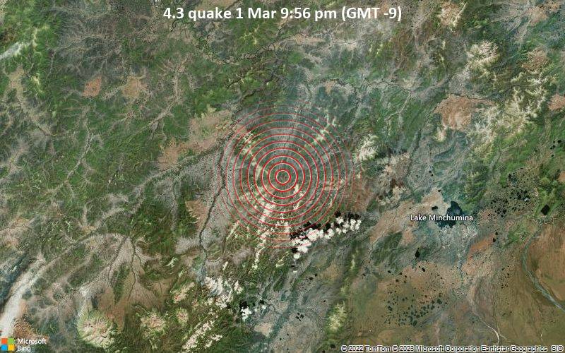 Moderates Erdbeben der Stärke 4.3 - 291 km westlich von College, Fairbanks North Star, Alaska, USA, am Mittwoch,  1. Mär 2023 um 21:56 Lokalzeit