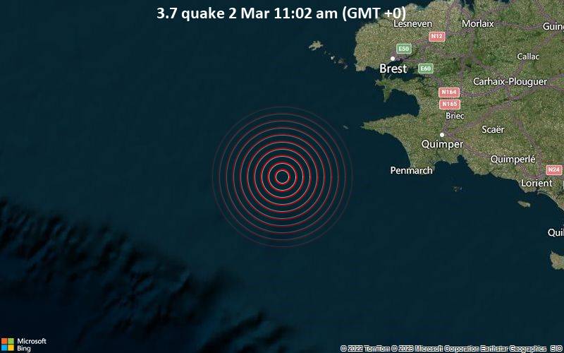 Leichtes Erdbeben der Stärke 3.7 - Celtic Sea, 93 km südwestlich von Brest, Finistère, Bretagne, Frankreich, am Donnerstag,  2. Mär 2023 um 11:02 Lokalzeit