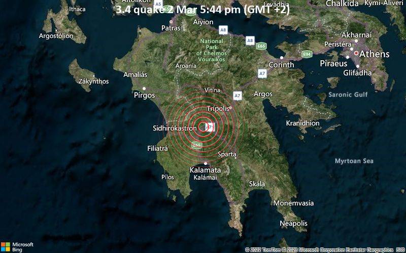 Leichtes Erdbeben der Stärke 3.4 - 32 km südwestlich von Tripoli, Arkadien, Peloponnes, Griechenland, am Donnerstag,  2. Mär 2023 um 17:44 Lokalzeit