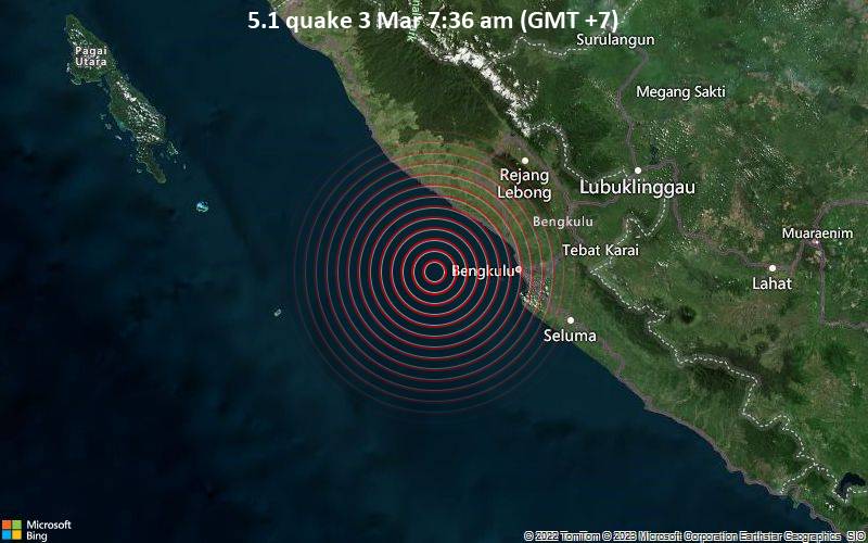 Starkes Beben der Stärke 5.1 - Indischer Ozean, 48 km westlich von Bengkulu, Indonesien, am Freitag,  3. Mär 2023 um 07:36 Lokalzeit