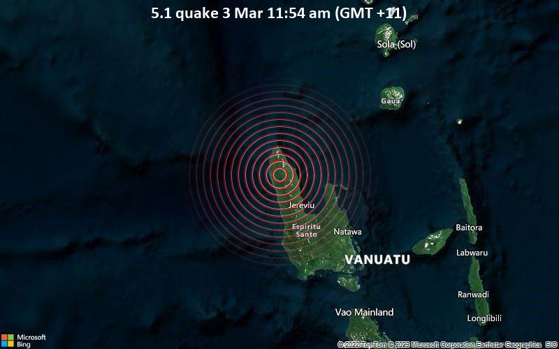 Starkes Beben der Stärke 5.1 - 93 km nordwestlich von Santo, Luganville, Sanma Province, Vanuatu, am Freitag,  3. Mär 2023 um 11:54 Lokalzeit