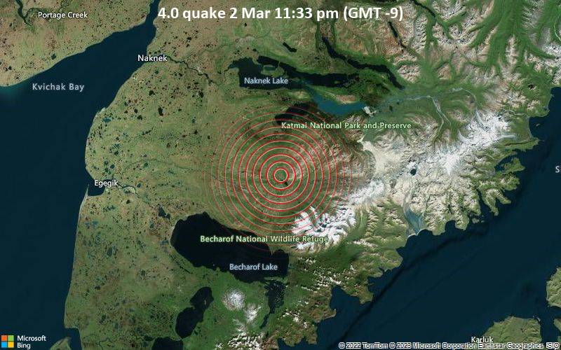 Leichtes Erdbeben der Stärke 4.0 - 62 km südöstlich von King Salmon, Bristol Bay, Alaska, USA, am Donnerstag,  2. Mär 2023 um 23:33 Lokalzeit