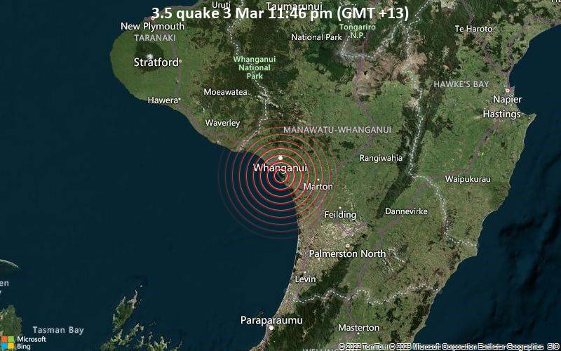 Leichtes Erdbeben der Stärke 3.5 - 9.3 km südlich von Whanganui, Wanganui District, Manawatu-Wanganui, Neuseeland, am Freitag,  3. Mär 2023 um 23:46 Lokalzeit