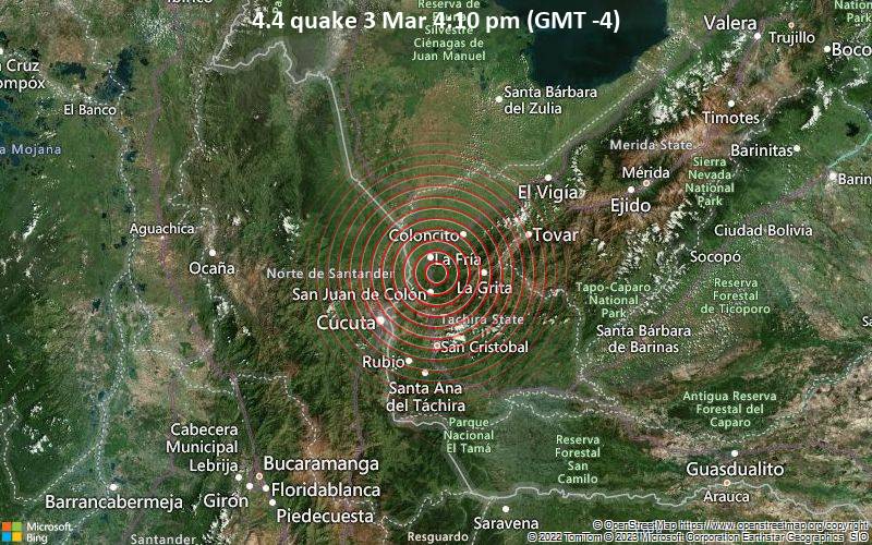 Moderates Erdbeben der Stärke 4.4 - 8.5 km südlich von La Fria, Municipio Garcia de Hevia, Tachira, Venezuela, am Freitag,  3. Mär 2023 um 16:10 Lokalzeit