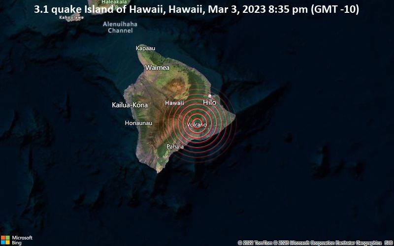 Schwaches Erdbeben Stärke 3.1 - Island of Hawaii, Hawaii, am Freitag,  3. Mär 2023 um 20:35 Lokalzeit