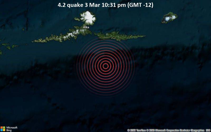 Leichtes Erdbeben der Stärke 4.2 - Bering Sea, 61 km südöstlich von Atka, Aleutians West, Alaska, USA, am Freitag,  3. Mär 2023 um 22:31 Lokalzeit